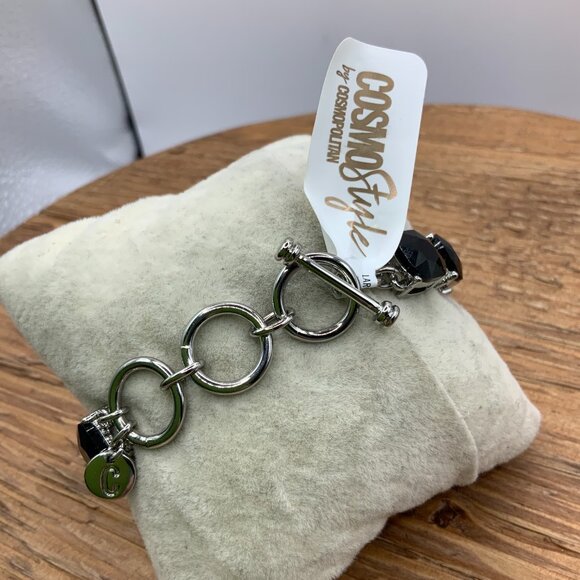 Cosmo Style Faux Onyx Faceted Silver Tone Link Bracelet - Picture 6 of 7